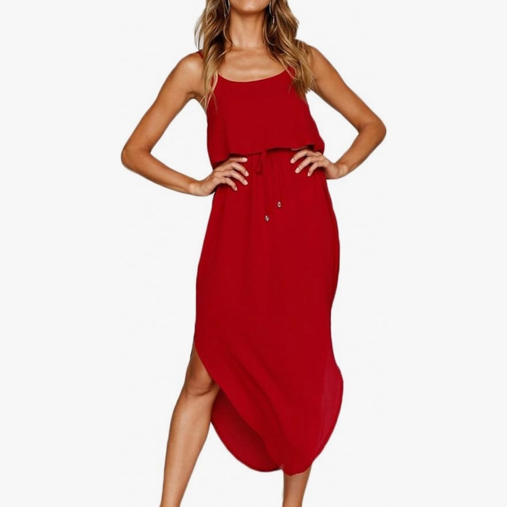 Red Sleeveless Drawstring Beach Midi Dress